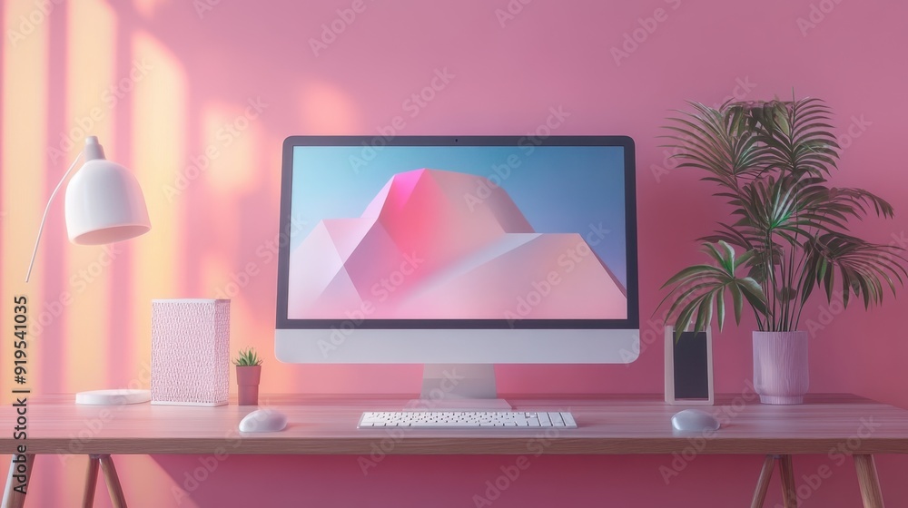 Aufkleber futuristic computer setup with abstract geometric shapes in minimalistic design