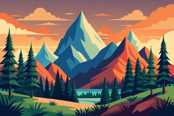 Hand drawn vector nature illustration with mountains and forest on first view art vector illustrator