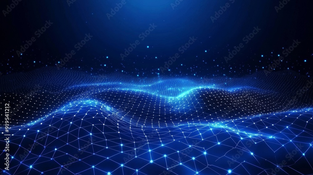 Poster futuristic blue hexagon background. abstract wave of particles. 3d rendering. information technology