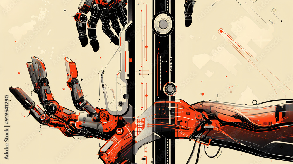 Aufkleber two robot hands reaching out to each other with a futuristic design