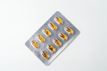 Oil filled blister pack capsules, softgel of food supplements, fish oil, omega 3, vitamin DHA