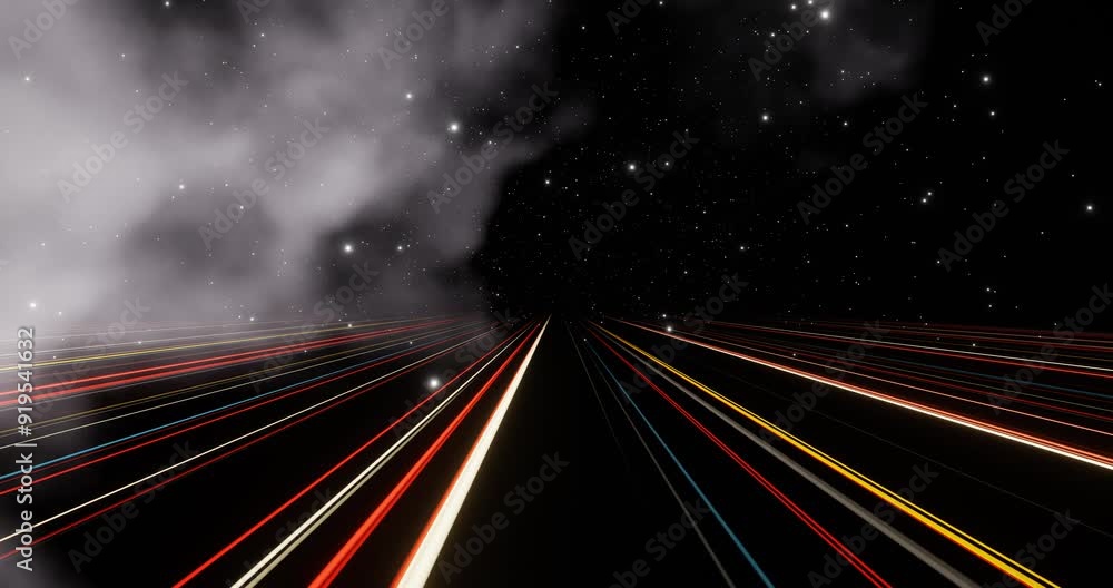 Poster light trails through the stars in a futuristic space scene