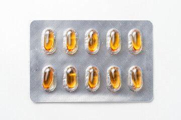 Oil filled blister pack capsules, softgel of food supplements, fish oil, omega 3, vitamin DHA
