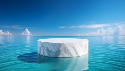 elegant white marble podium floating above tranquil turquoise sea framed by cloudless azure sky minimalist composition with strong emphasis on texture and negative space