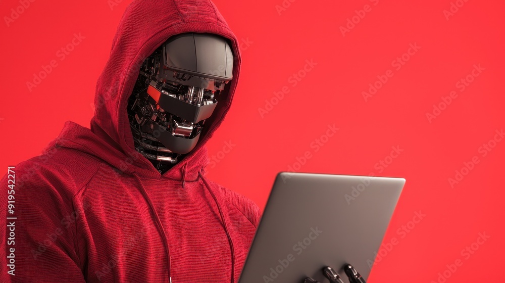 Poster a futuristic robot in a red hoodie interacts with a tablet device, showcasing advanced technology an