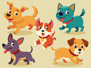 Cartoon dog. Active pet animal, cute puppy and dogs in different poses, running, jumping and sleeping character vector illustration set. Active and playful domestic pets spending leisure time
