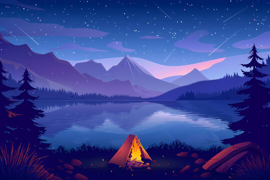 beautiful night landscape, tent and camfire with mountain view
