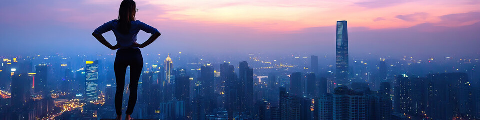 Confident female architect stands on top of a skyscraper, hands on hips, overlooking the city skyline