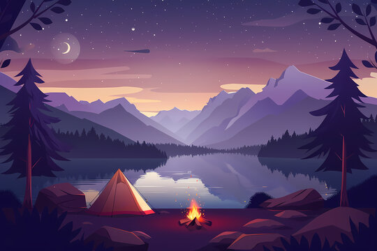 beautiful night landscape, tent and camfire with mountain view