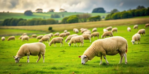 Obraz premium Sheep grazing peacefully on a lush green meadow, sheep, meadow, farm, livestock, animal, wool, countryside, peaceful, nature, grass