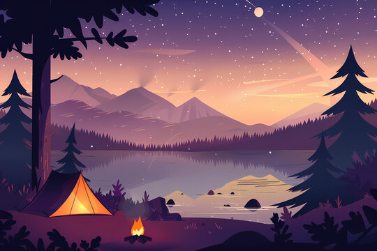 beautiful night landscape, tent and camfire with mountain view