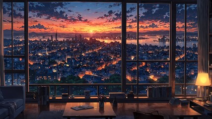 A Beautiful View of the City Sunset from an Open Window with Books with Anime Style