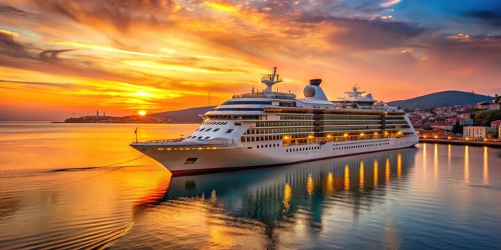 Seabourn Encore cruise ship at sunset in Kusadasi harbor, Aydin, Turkey, Seabourn Encore, cruise ship, sunset, harbor, Kusadasi