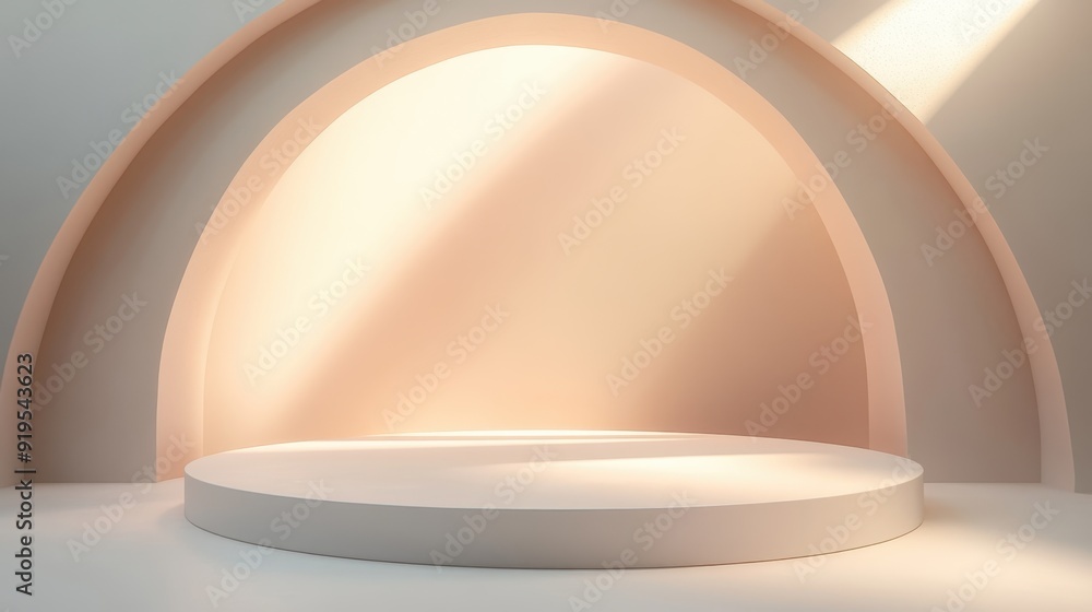 Poster illuminated round stage on abstract background for product showcase, 3d render with smooth surfaces 