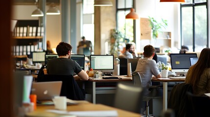 1. A bustling office environment with employees working at their desks