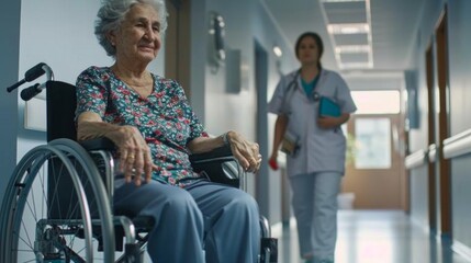 Hospital hallway with bright lighting, an elderly woman in a wheelchair, and a nurse with a digital tablet. Positive atmosphere, no indication of self-propulsion. Natural light, doors, serene setting.
