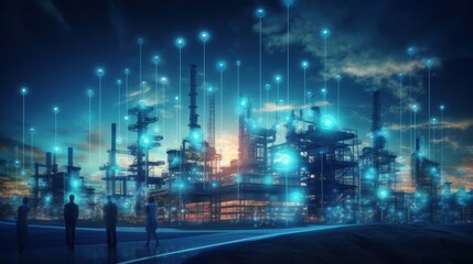 Obraz premium Modern factory, communication network. Telecommunication. IoT, Internet of Things, ICT, Information communication Technology,. Smart factory. Digital transformation, cloud connecting, generate by AI
