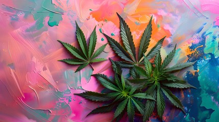 Marijuana leaves on a colorful background, close up top view on cannabis leaves and branches on colorful background for alternative medical and marketing design concept