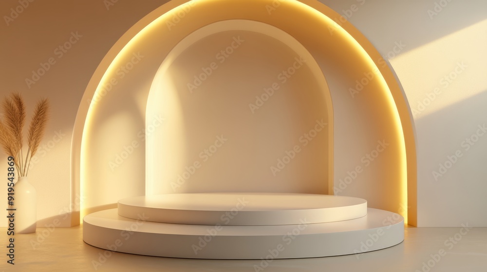 Poster modern minimalist 3d render of an empty podium on round stage with soft light effects - product disp