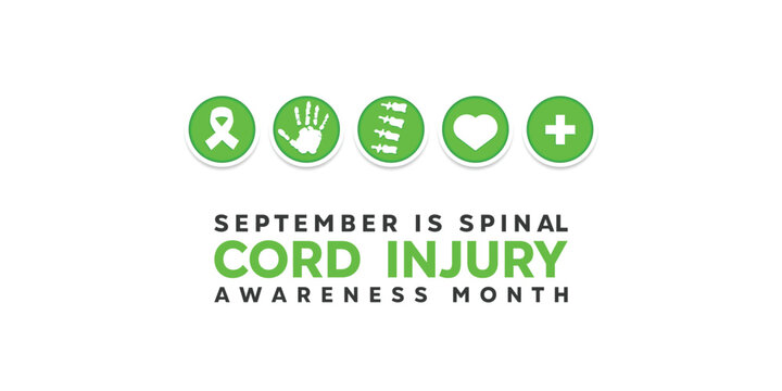 September is Spinal cord injury awareness month. Ribbon, hand, spine, heart and plus icon. Great for cards, banners, posters, social media and more. White background.

