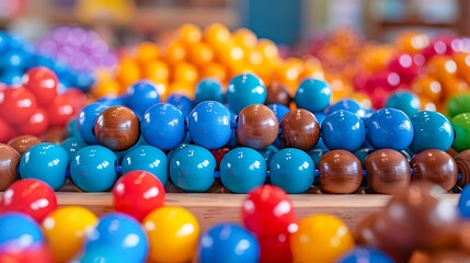 Colorful plastic spheres are arranged on a table, showcasing a variety of hues including blue, red, yellow, and brown, Ideal for use in educational, children's toys, or retail advertisements,