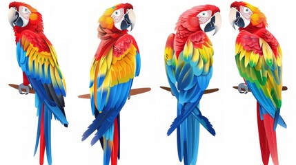 Fototapeta premium Four vibrant parrots on wooden branches in various poses, showcasing colorful plumage against a white background.