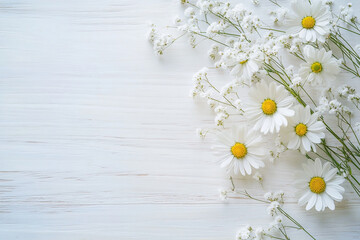 Fototapeta premium A flat lay of fresh daisies and babys breath arrange