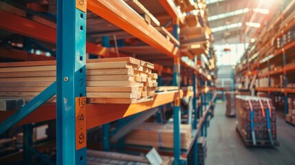 A well-lit warehouse with high racks on which wooden boards of various lengths were neatly arranged,
