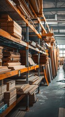 Obraz premium A well-organized warehouse with wooden planks stacked on orange shelves and pallets on the floor, showcasing a clean storage facility.