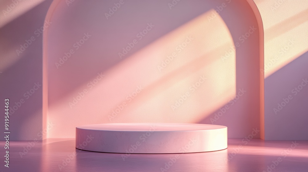 Poster modern 3d round podium with abstract geometric backdrop in soft lighting