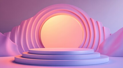 Obraz premium Modern Round Podium on Abstract Geometric Background with Soft Lighting | 3D Render of Contemporary Design