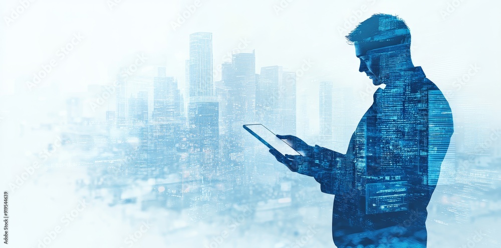 Poster a businessman working on a tablet computer and concepts of business technology networks in two persp