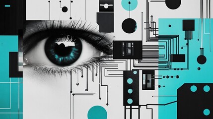 Abstract collage of a human eye and circuit board.