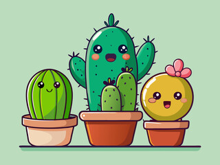 Cute cactus. Cartoon cactuses, succulents or cacti plant characters in pots. Mexican prickly plants with funny faces and emotion. Fun home cacti stickers and badges. Vector set 
