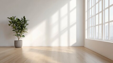 Empty bright room with wooden floor, minimalist interior with plant and sunlight from the large window.