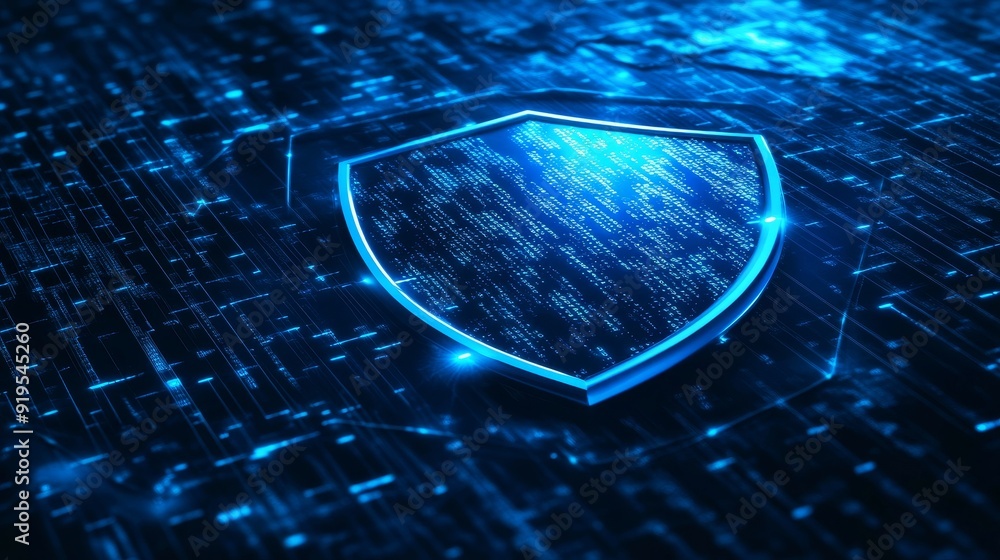 Poster abstract wireframe illustration on dark blue. digital shield on abstract technology background. 3d r
