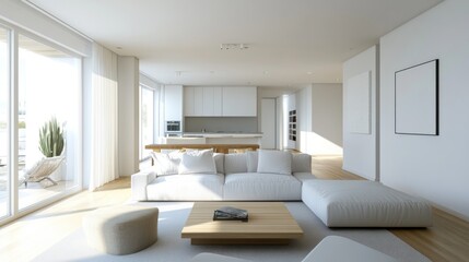 Fototapeta premium Minimalist Living Room with White Sofa and Wooden Coffee Table