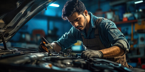 Hispanic man working as a mechanic, using tools under the hood of a car in a garage