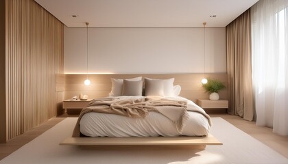 ethereal modern bedroom with soft beige tones minimalist decor and a serene atmosphere large empty white wall for art wooden bed frame with plush pillows ambient lighting