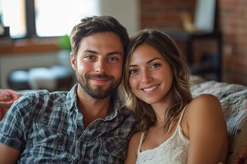 A smiling young couple relaxes together on a sofa, enjoying a cozy moment in their stylish living room filled with natural light