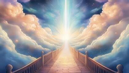 Fototapeta premium ethereal pathway through luminous clouds leading to radiant light source symbolizing spiritual journey or afterlife concept soft celestial color palette
