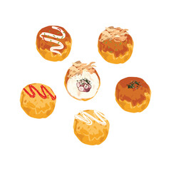 Hand drawn vector illustration of Takoyaki ball or Octopus balls on plate Japanese snack food