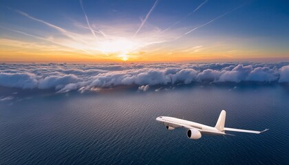 Fototapeta premium ethereal plane soaring above a sea of clouds celestial light streaming through blending divine and mortal realms in a breathtaking aerial vista