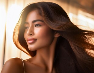Naklejka premium ethereal portrait of woman with flowing glossy brown hair soft backlighting creates luminous glow emphasizing hairs silky texture and movement