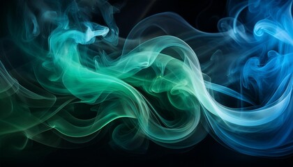 ethereal swirls of emerald and sapphire smoke against deep black background mysterious dreamlike quality with soft edges and billowing forms subtle hints of light creating depth