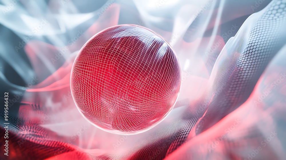 Poster red sphere with grid pattern against a white and pink background