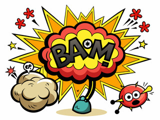 Comic bomb explosion. Cartoon brawl cloud with feet and legs. Speech explode bubbles, circle burst with bam, pow, boom, crash and bang for comic books. Vector set
