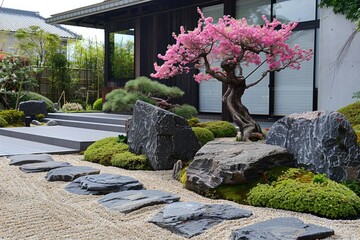 A serene Japanese garden featuring a blossoming cherry tree, smooth stones, and lush greenery, perfect for relaxation and inspiration.