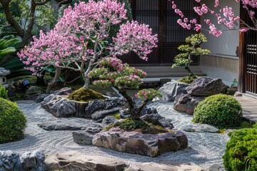 A serene Japanese garden featuring a blossoming tree, carefully arranged rocks, and lush greenery, perfect for relaxation and contemplation.