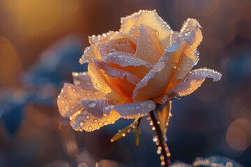 A stunning close-up of a dewy rose bathed in soft morning light, showcasing its delicate petals and vibrant colors.
